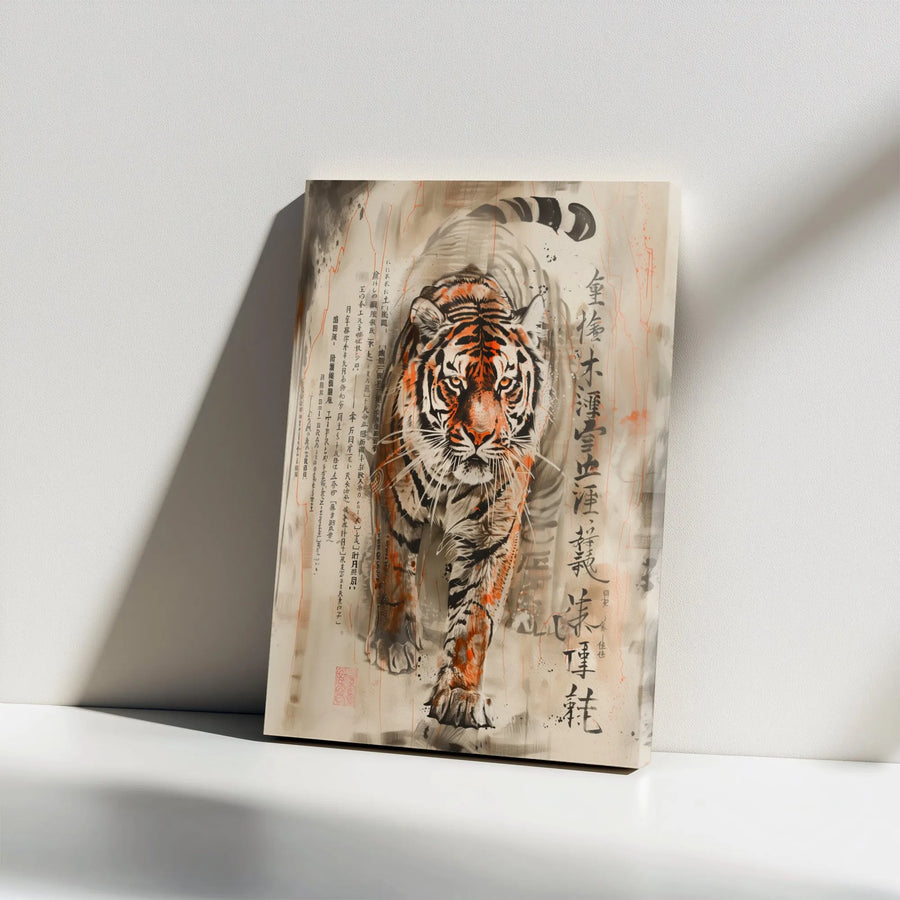 Japanese Tiger Canvas Wall Art | Ink Wash Calligraphy Painting | Premium Frameless Canvas | Gift for Living Room & Office Decor