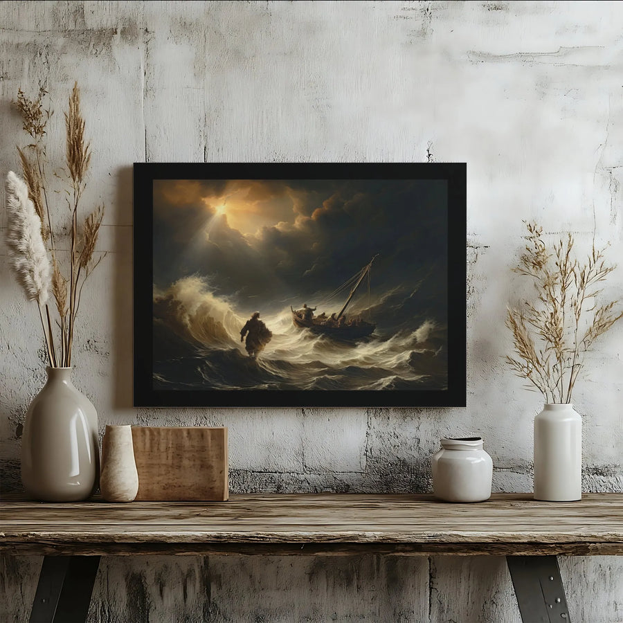 Jesus Walking On Water Canvas Print | Dramatic Stormy Sea Religious Art | Premium Gallery-Wrapped Wall Decor | Faithful Christian Home Gift