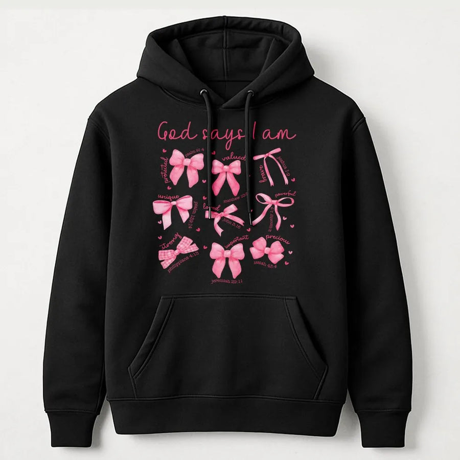 God Says I Am Hoodie | Faith Based Pink Ribbon Scripture Design | Premium Cotton Blend | Christian Gift for Women and Teens