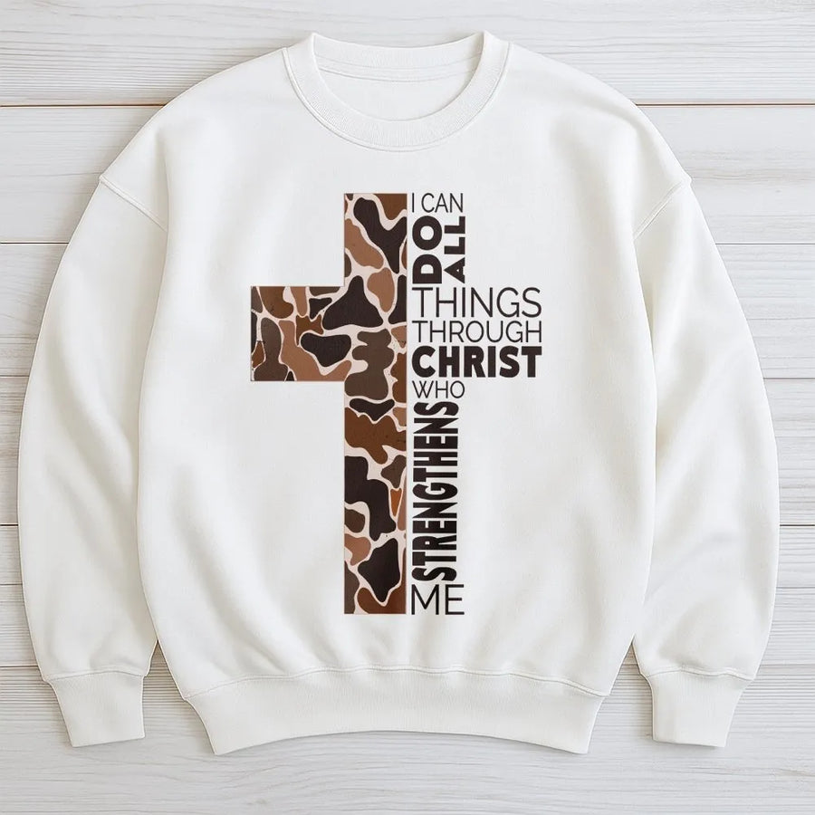 Philippians 4:13 Sweatshirt | Camo Cross Graphic Sweatshirt | Premium Cotton-Poly Blend | Religious Faith Gift for Men and Women