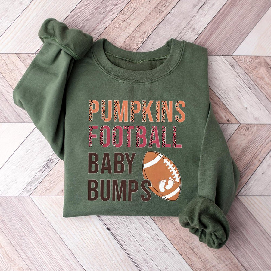 Pumpkins Football Baby Bumps Sweatshirt | Fall Pregnancy Announcement Graphic Tee | Premium Cotton Blend | Gift for Expecting Mom