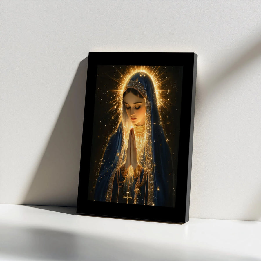 Virgin Mary Canvas Wall Art | Glowing Halo Religious Painting | Premium Gallery Wrap | Spiritual Home Decor Gift for Believers