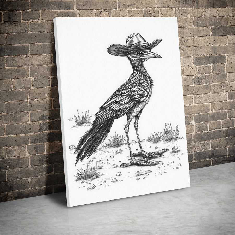 Roadrunner Wall Art | Cowboy Hat Bird Sketch | Premium Gallery Wrapped Canvas | Western Desert Decor Gift for Nature Lovers