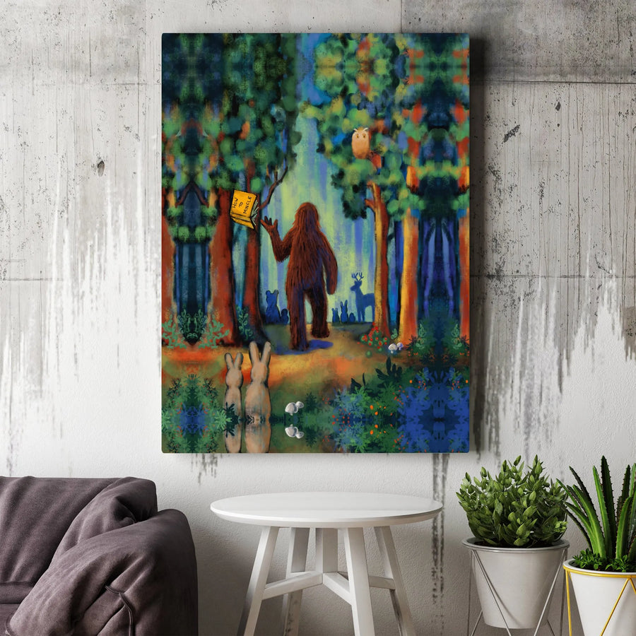 Bigfoot Reading Book Canvas Wall Art | Whimsical Forest Animal Print | Premium 1.25 Inch Gallery Wrap | Unique Gift for Nature Lovers