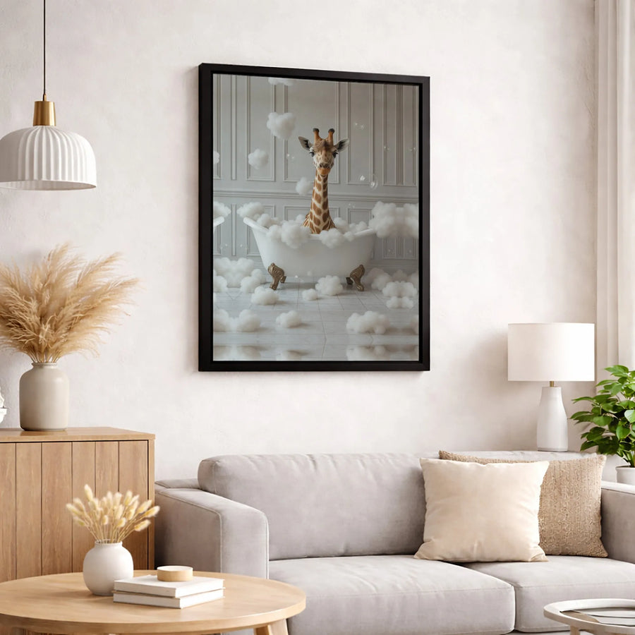 Giraffe in Bathtub Wall Art | Whimsical Animal Bathroom Decor | Premium Gallery Wrapped Canvas | Fun Nursery & Home Gift