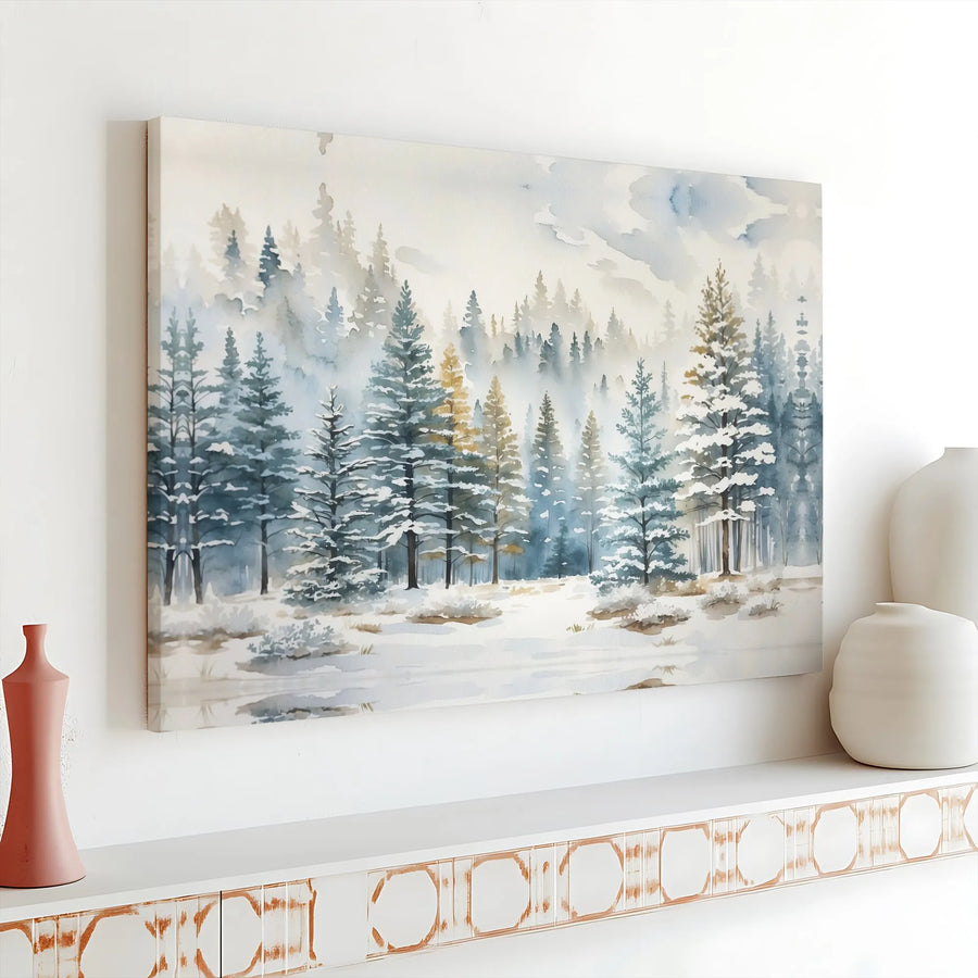 Winter Forest Canvas Wall Art | Snowy Pine Tree Watercolor Print | 1.25" Gallery Wrap Premium Decor | Nature Landscape Gift For Home Office