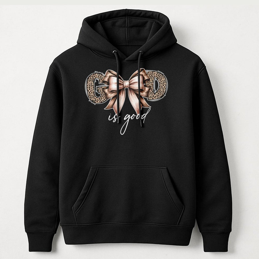 God Is Good Hoodie | Leopard Print Bow Graphic | Premium Cotton Blend | Christian Faith Gift for Women & Men