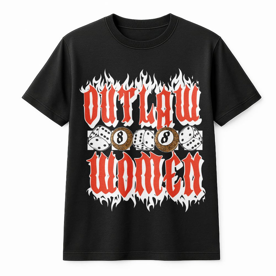 Outlaw Women Graphic T-Shirt | Retro 8 Ball Dice Flame Design | Premium Cotton Vintage Style Tee | Edgy Cowgirl Western Gift For Her