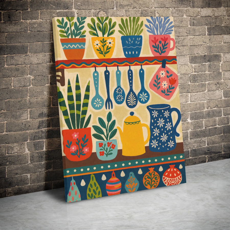 Folk Art Kitchen Canvas Print | Colorful Botanical Decor | Premium 1.25 Inch Gallery Wrap | Charming Housewarming Gift For Plant Lovers