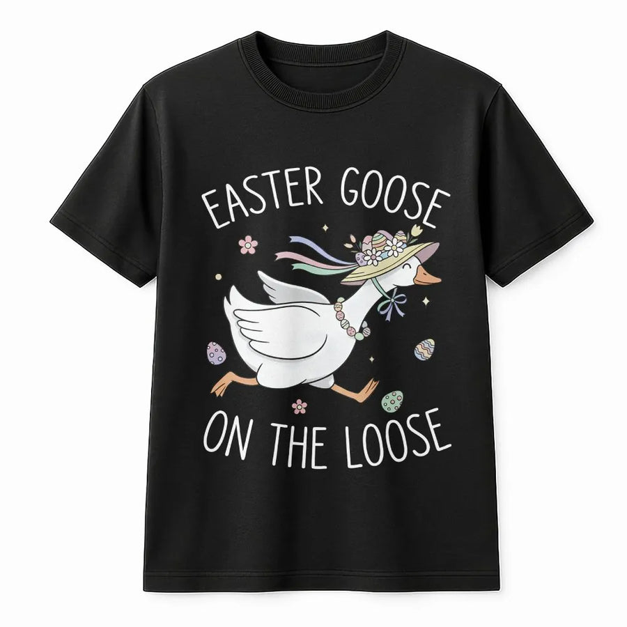 Easter Goose On The Loose T-Shirt | Cute Floral Bonnet Goose Graphic | Soft 100% Cotton Unisex Tee | Funny Spring Holiday Gift For Women And Kids