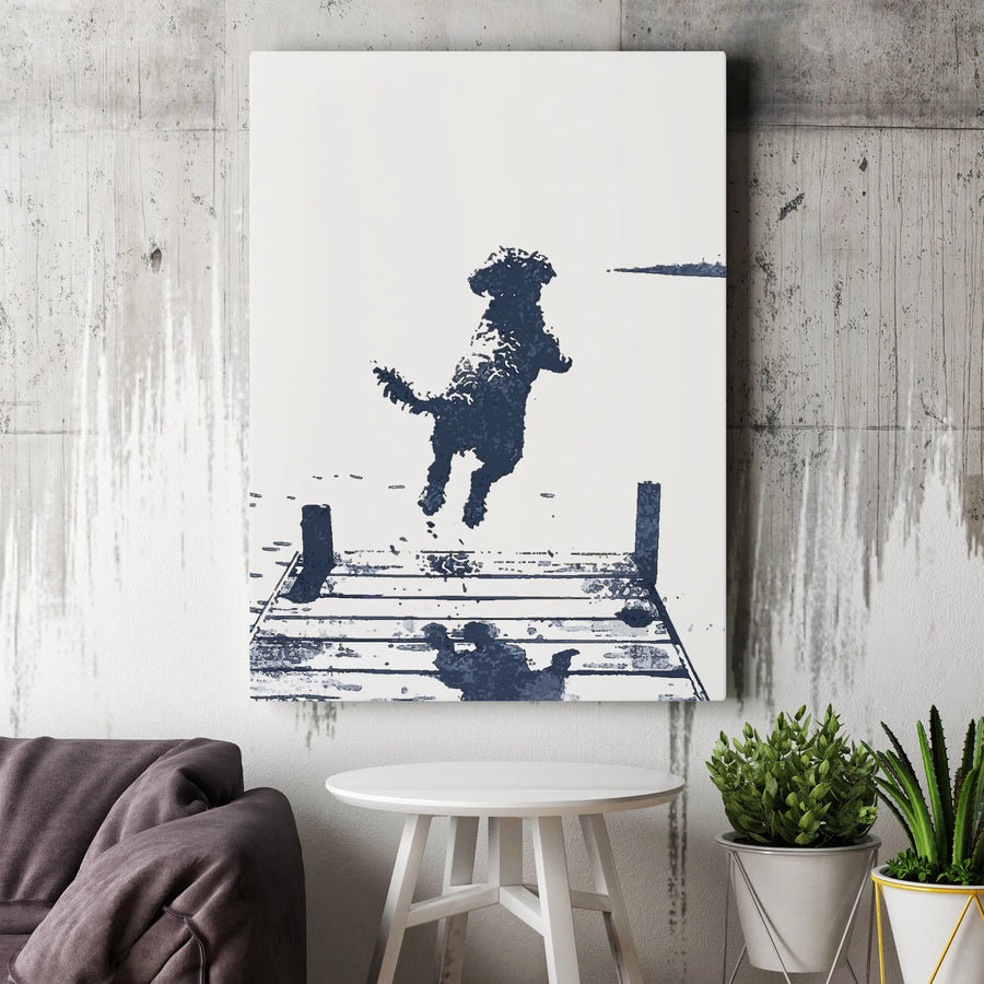 Dog Jumping Into Water Canvas Art | Minimalist Dock Illustration | 1.25-Inch Gallery Wrap | Premium Pet Home Decor Gift
