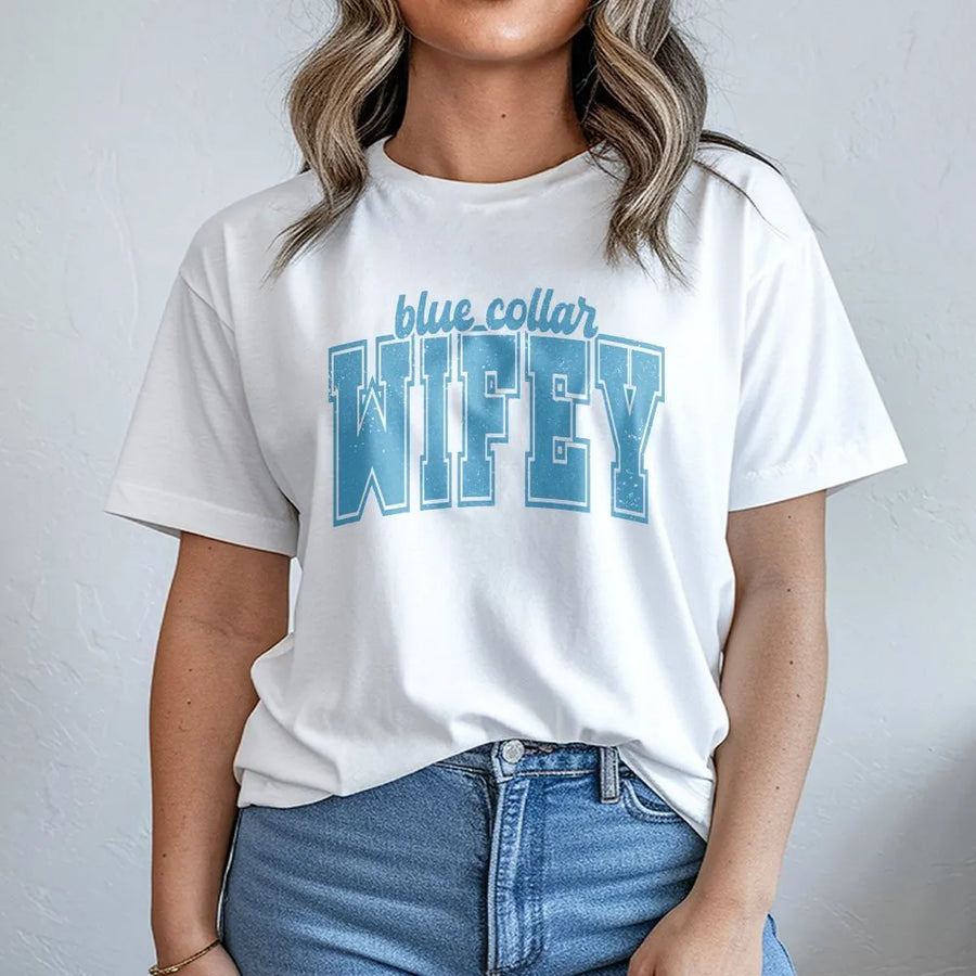 Blue Collar Wifey T-Shirt | Retro Varsity Text | Cozy Cotton Blend Pullover | Gift for Blue Collar Wife