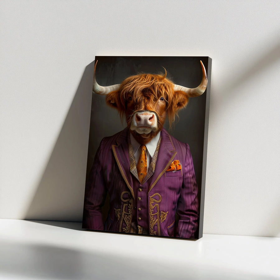 Highland Cow Wall Art | Gentleman Cattle In Purple Suit | Gallery Wrapped Canvas | Whimsical Animal Portrait Home Decor Gift