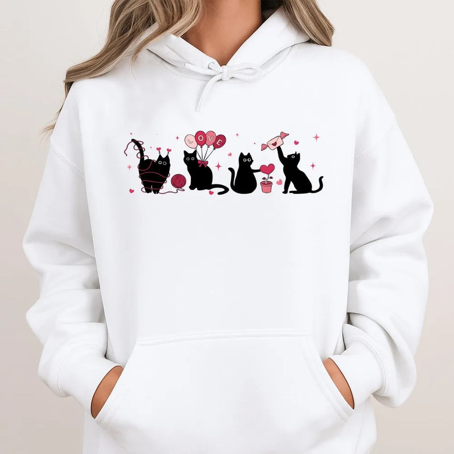 Cute Cat Valentine Hoodie | Black Cat Hearts Love Design | Premium Soft Cotton Blend | Valentines Day Gift For Her Cat Lover