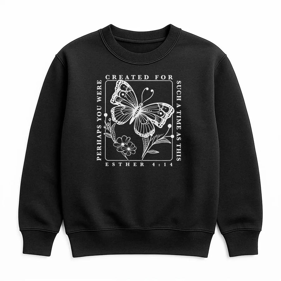Esther 4:14 Sweatshirt | Created For Such A Time As This Butterfly Graphic | Premium Cotton Blend | Christian Faith Gift For Her