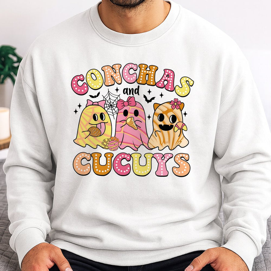Conchas and Cucuy Halloween Sweatshirt | Cute Mexican Ghost Graphic Tee | Premium Cotton Blend Crewneck | Funny Latinx Fall Gift for Her