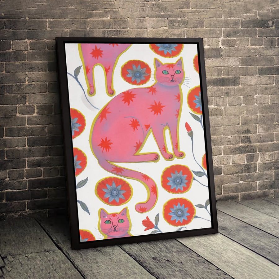 Pink Cat Wall Art | Folk Art Floral Star Pattern Canvas | 1.25-Inch Gallery Wrap Print | Whimsical Animal Decor Gift for Cat Lovers