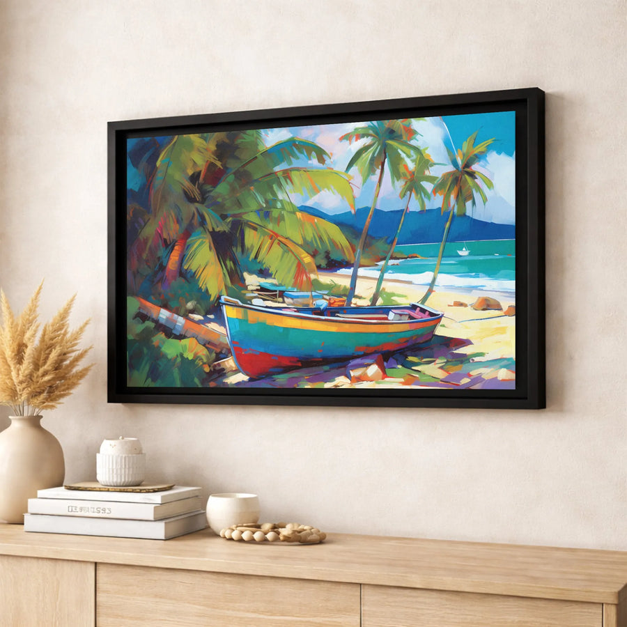 Tropical Beach Canvas Wall Art | Colorful Boat & Palm Tree Landscape Painting | Gallery-Quality 1.25-Inch Profile | Coastal Home Decor Gift