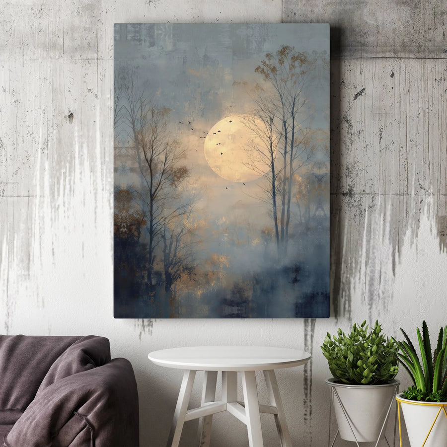 Misty Forest Moon Canvas Wall Art | Atmospheric Landscape Print with Flying Birds | 1.25 Inch Gallery Wrap | Modern Home Decor Gift