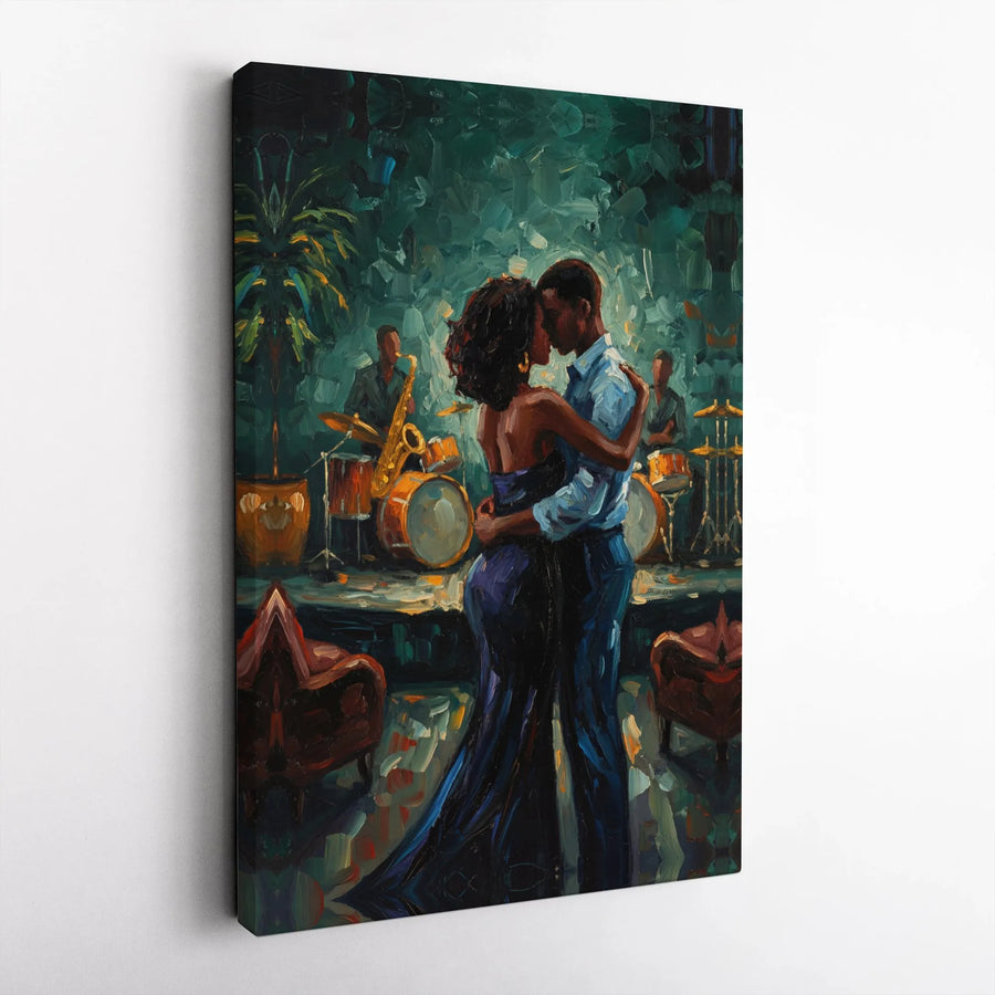 Romantic Black Couple Canvas Print | Impressionist Jazz Club Painting | Premium Gallery Wrapped Canvas | Modern African American Art Gift