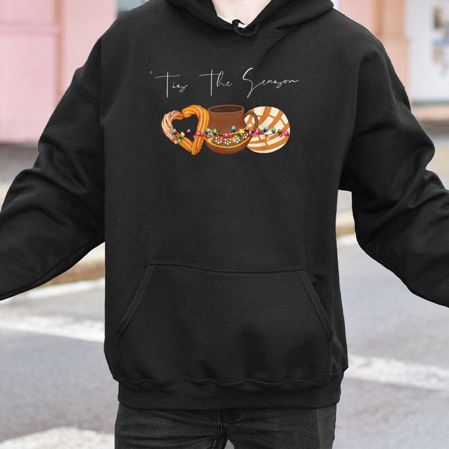 Tis The Season Mexican Christmas Hoodie | Heart Churro, Hot Chocolate, Concha Design | Premium Cotton-Poly Blend | Cozy Holiday Gift for Her