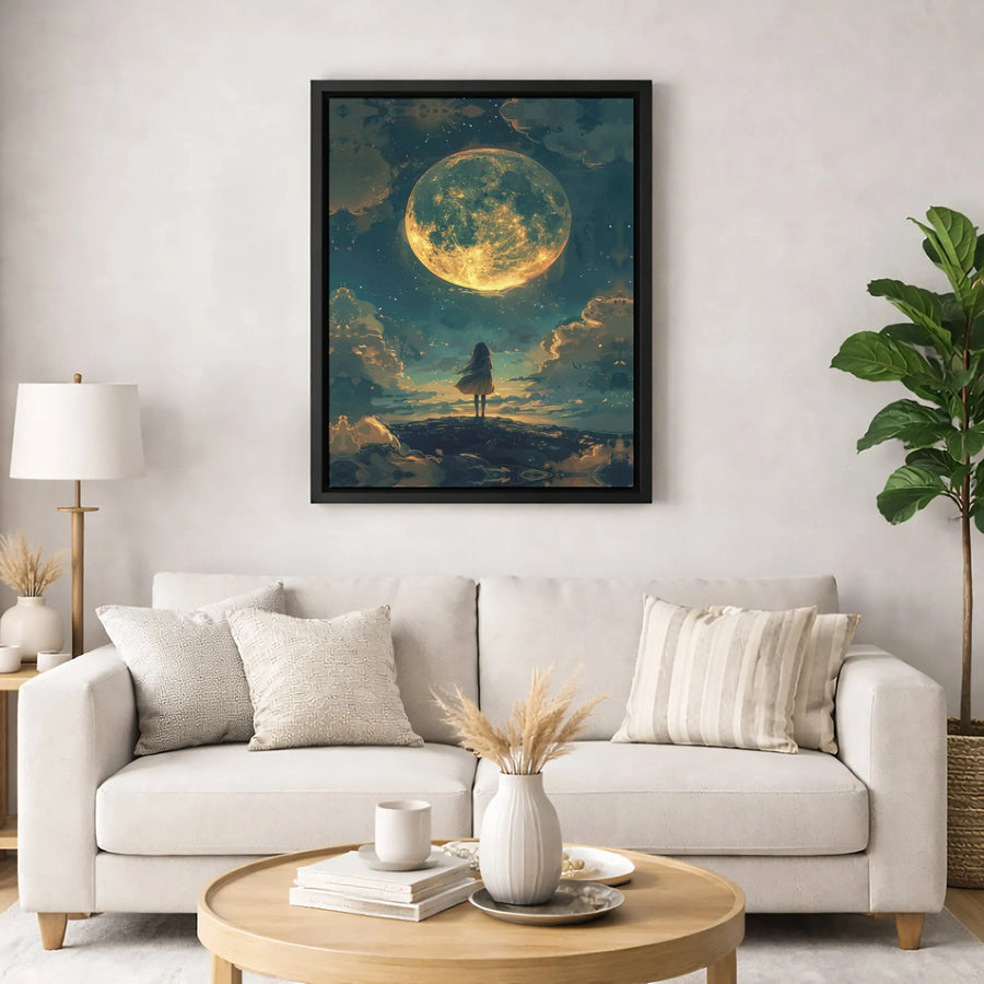 Girl Looking At Golden Moon Canvas Wall Art | Whimsical Starry Night Celestial Print | Gallery Quality Fade-Resistant | Dreamy Home Decor Gift