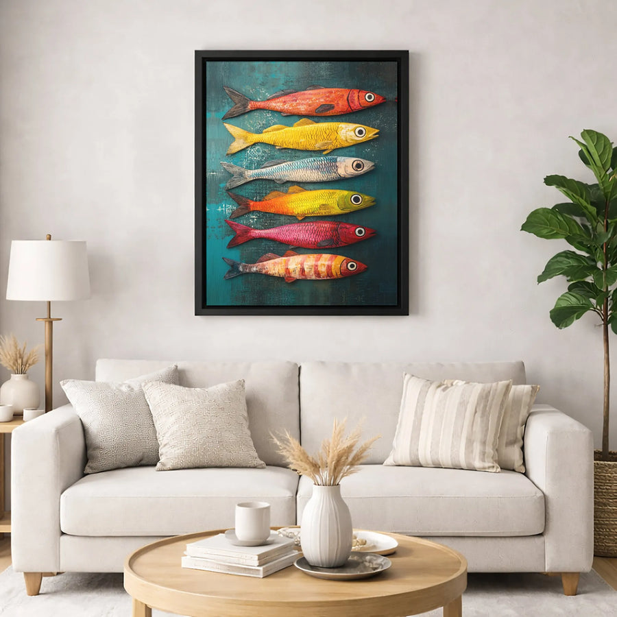 Colorful Fish Canvas Wall Art | Whimsical Nautical School of Fish Decor | Premium Gallery Wrap Canvas | Coastal Home Office Living Room Decor Gift