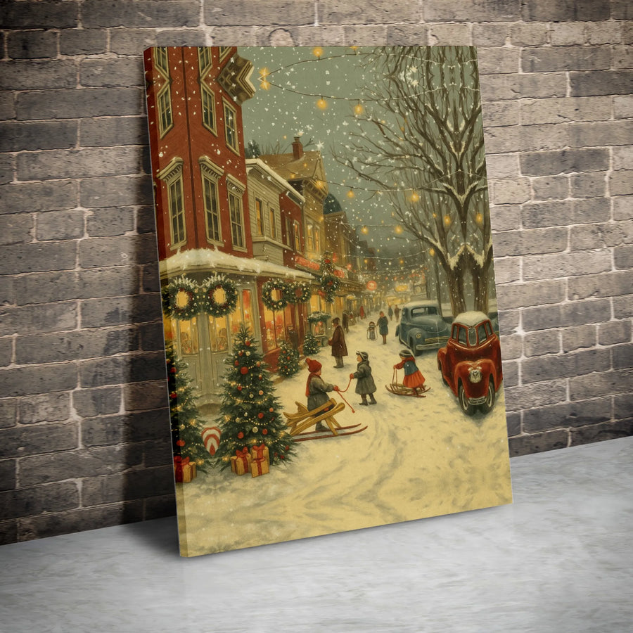 Vintage Christmas Town Canvas | Snowy Winter Village Street Scene | Gallery Wrap Premium Wall Art | Festive Holiday Decor Gift