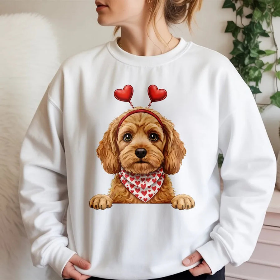 Valentine's Day Dog Sweatshirt | Cute Cockapoo Puppy with Hearts Design | Premium Cotton Blend Crewneck | Dog Mom Gift & Animal Lover Apparel