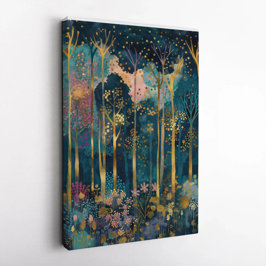 Enchanted Forest Canvas Wall Art | Gold Tree Abstract Print | Premium Gallery-Wrapped Decor | Whimsical Nature Home Gift