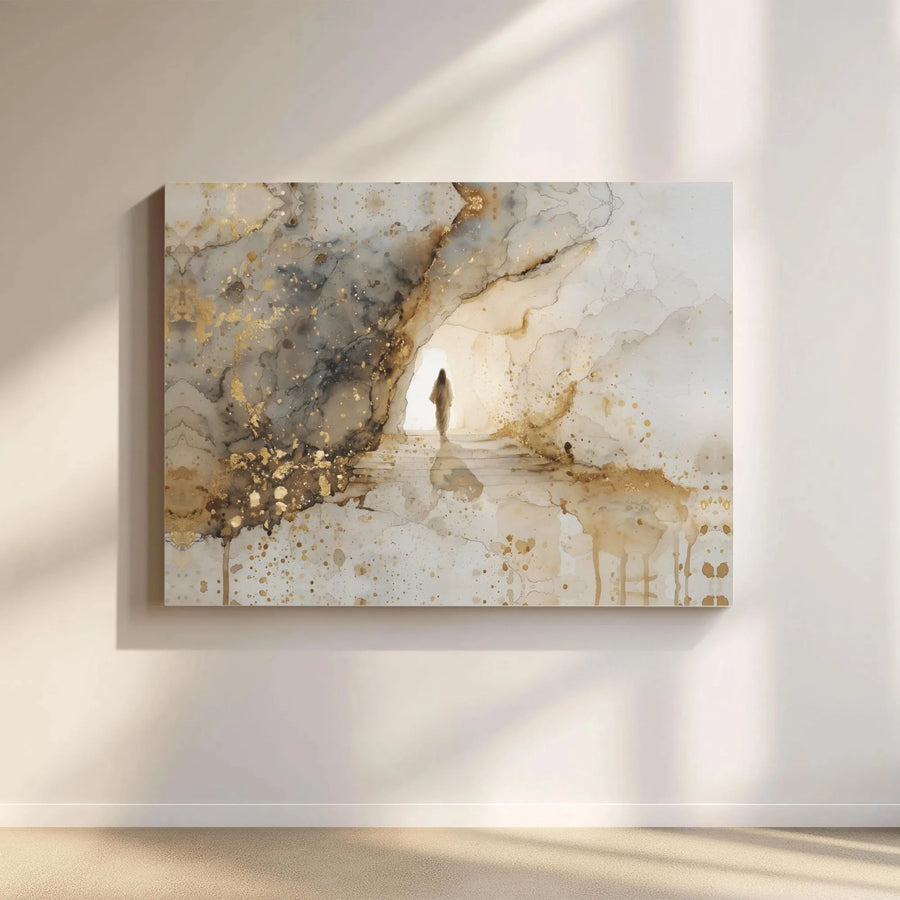 Jesus Resurrection Wall Art | Abstract Tomb Light Gold Foil Canvas | Premium Gallery Wrap Print | Christian Religious Home Decor Gift