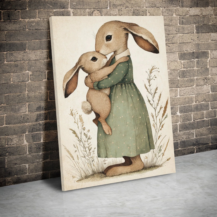 Mother Rabbit and Baby Bunny Canvas | Whimsical Animal Illustration | Premium Gallery Wrap Wall Art | Nursery Decor Gift for Mom