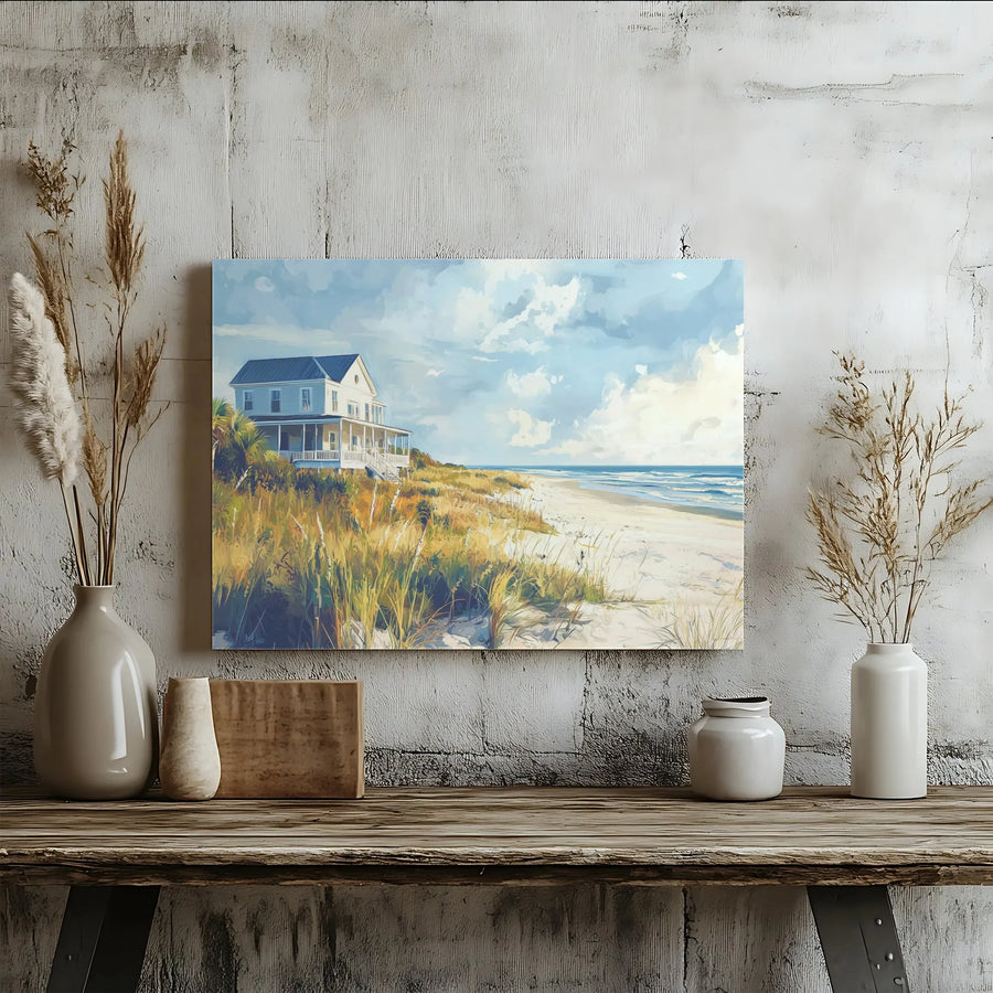 Beach House Canvas Wall Art | Serene Ocean View Coastal Painting | Premium Gallery Wrapped Canvas | Coastal Home Decor Gift