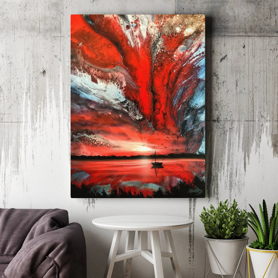 Red Sky Ocean Canvas Wall Art | Abstract Sailor's Warning Seascape Print | Premium Thick Gallery Wrap Canvas | Modern Living Room Decor Gift