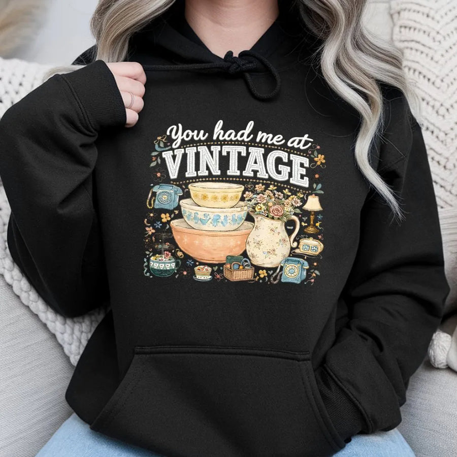 Vintage Thrifting Hoodie | You Had Me At Vintage Retro Kitchenware Graphic | Comfort Colors Cotton Tee | Gift for Antique Collector