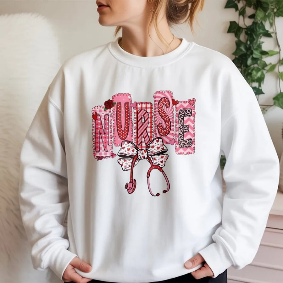 Nurse Valentine Sweatshirt | Coquette Aesthetic Stethoscope Bow Print | Premium Cotton Blend | Gift For Nursing Students And RNs
