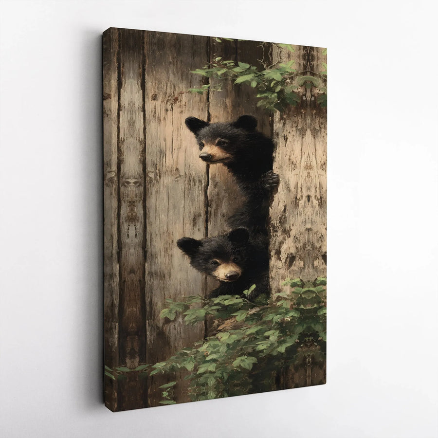 Black Bear Cubs Canvas Print | Rustic Forest Wildlife Photography | Premium Gallery Wrapped Wall Art | Cabin Lodge & Nursery Decor Gift
