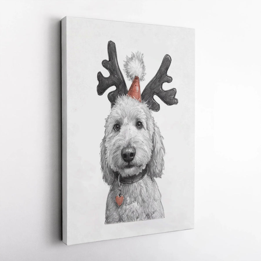 Goldendoodle Christmas Wall Art | Pencil Sketch Dog with Reindeer Antlers | Premium Gallery Wrap Canvas | Festive Holiday Home Decor Gift