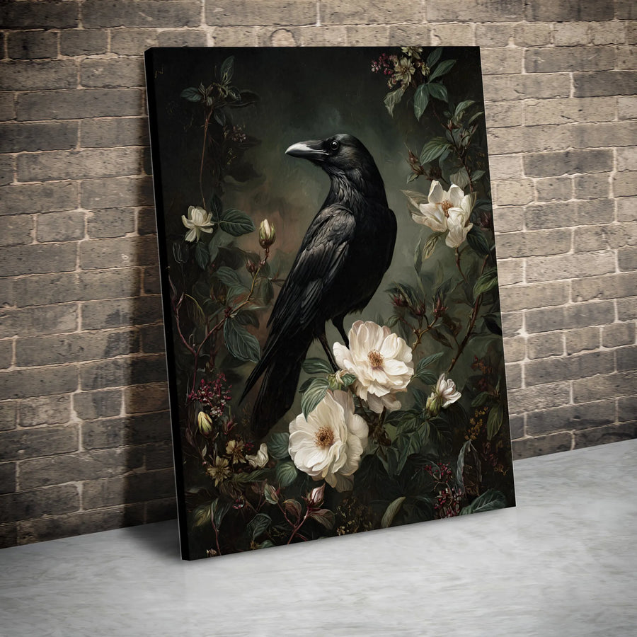Gothic Raven Canvas Wall Art | Dark Academia Floral Print | Premium Gallery-Wrapped Decor | Moody Botanical Gift For Home Office