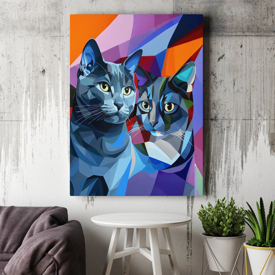 Two Grey Cats Canvas Print | Colorful Geometric Pop Art Portrait | 1.25 Inch Gallery Wrap | Unique Cat Lover Gift Wall Decor