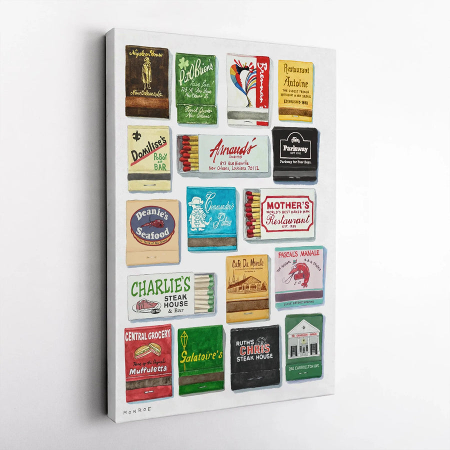 New Orleans Restaurant Matchbooks Canvas Wall Art | Vintage NOLA Foodie Poster | Gallery Wrapped Premium Print | Unique Kitchen Dining Decor Gift