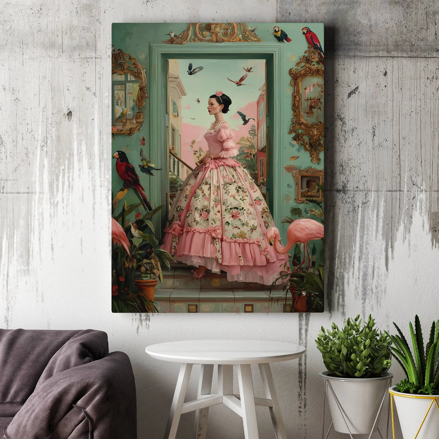 Victorian Woman Wall Art | Rococo Pink Gown & Exotic Birds Canvas | Gallery Wrapped Premium Print | Whimsical Romantic Home Decor Gift