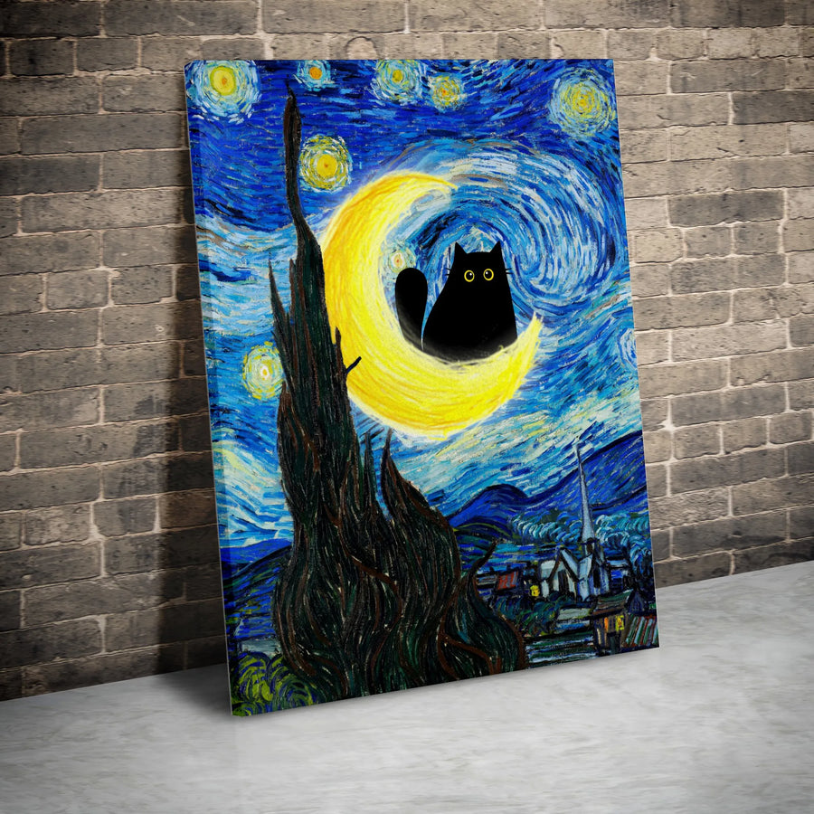 Black Cat Canvas Wall Art | Starry Night Impressionist Style | 1.25-Inch Gallery Wrap | Whimsical Home Decor Gift for Cat Lovers