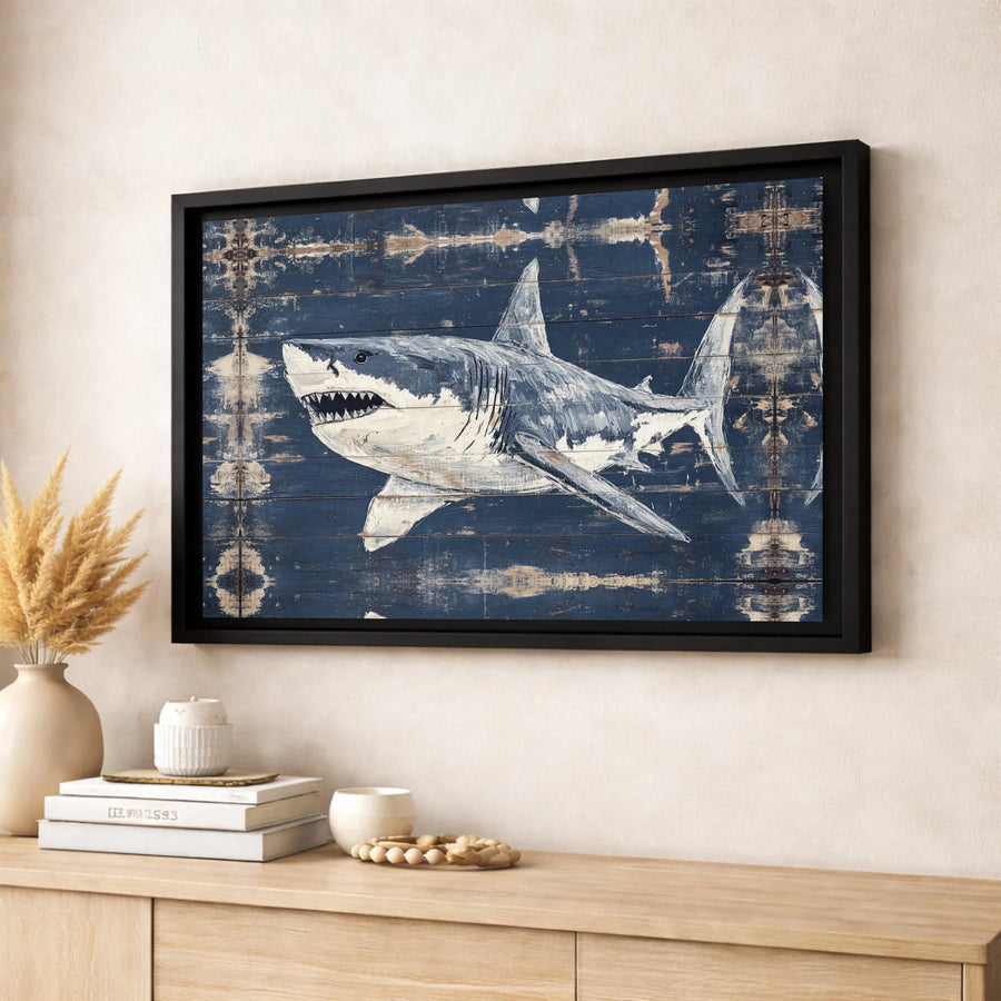Great White Shark Wall Art | Distressed Nautical Navy Blue Wood Design | Premium Gallery-Wrapped Canvas | Coastal Home Decor Gift for Ocean Lovers