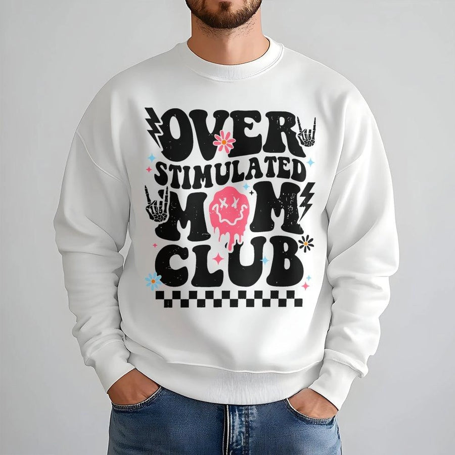 Overstimulated Mom Club Sweatshirt | Retro Skeleton Hand Graphic Print | Premium Cotton-Poly Blend | Funny Gift for Tired Moms and Parents