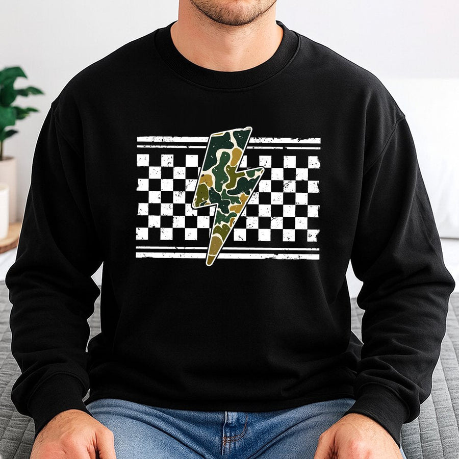 Camo Lightning Bolt Sweatshirt | Distressed Checkered Pattern Graphic | Soft Cotton Blend Unisex Pullover | Trendy Hunting Gift for Her