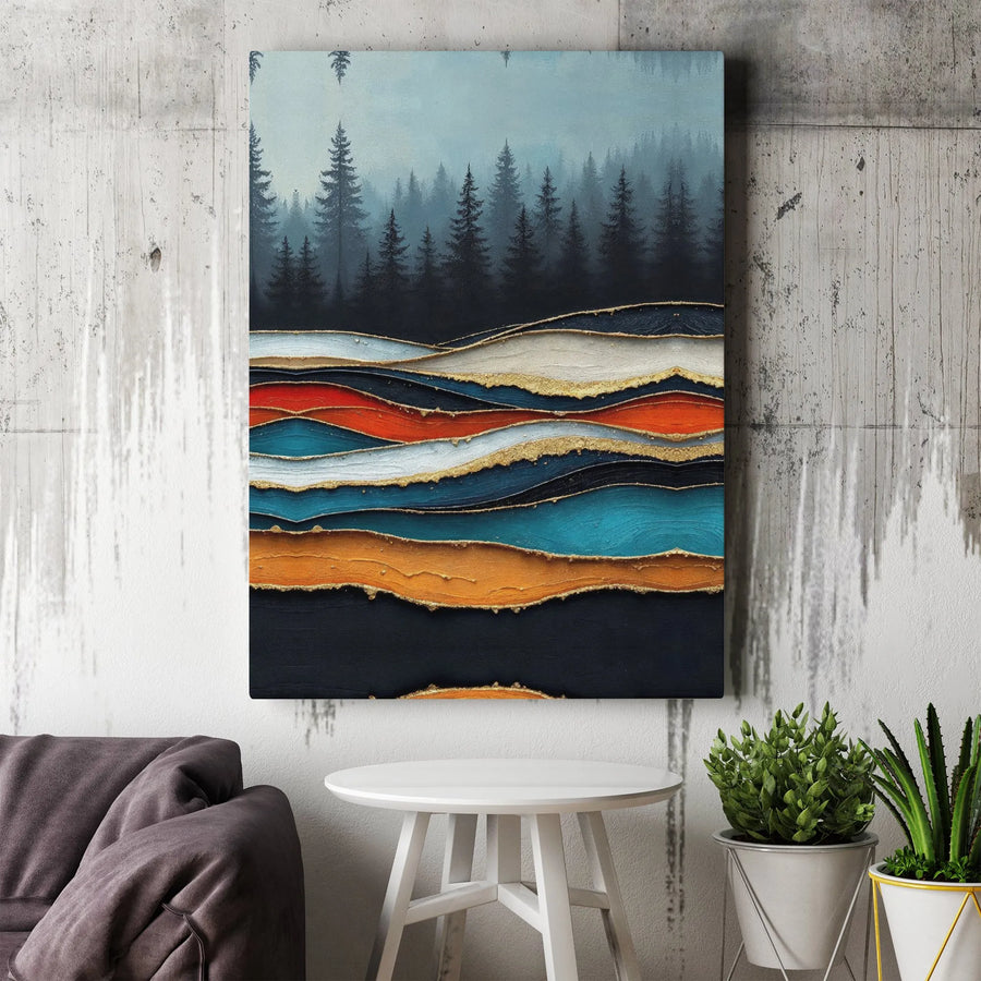 Abstract Forest Canvas Wall Art | Misty Pine Landscape with Gold Leaf Layers | Premium Textured Gallery Wrap | Modern Home Office Decor Gift