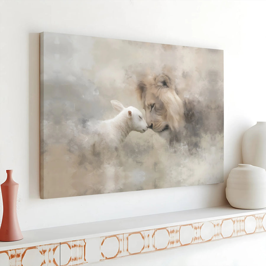 Lion and Lamb Wall Art | Watercolor Religious Canvas Print | Premium 1.25 Inch Gallery Wrap | Inspirational Christian Home Decor Gift