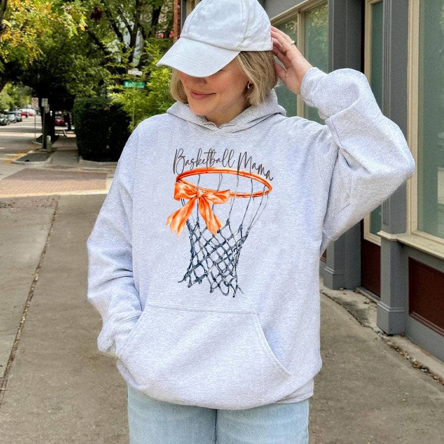 Basketball Mama Hoodie | Watercolor Hoop and Bow Graphic | Premium Cotton Blend | Sports Mom Gift for Game Day
