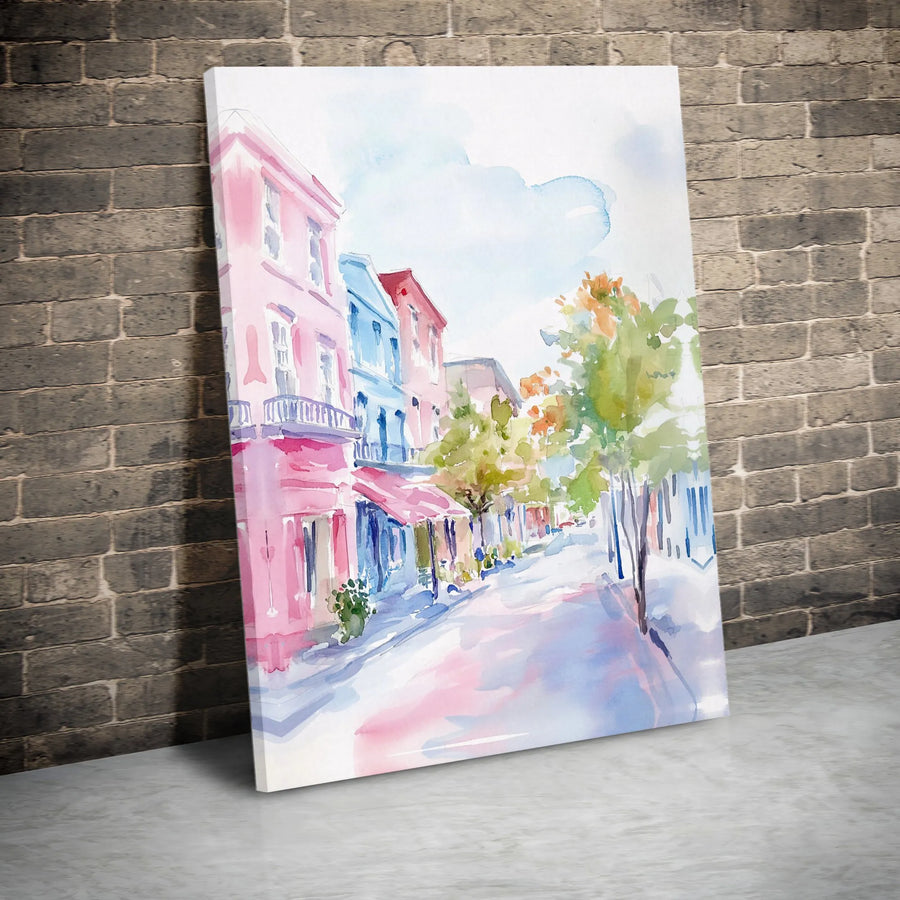Colorful City Street Canvas Print | Watercolor European Town Art | Premium Gallery Wrapped Wall Decor | Gift for Home Office